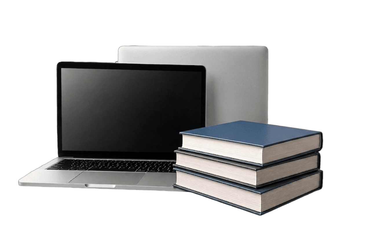 Laptop, books, and graduation cap